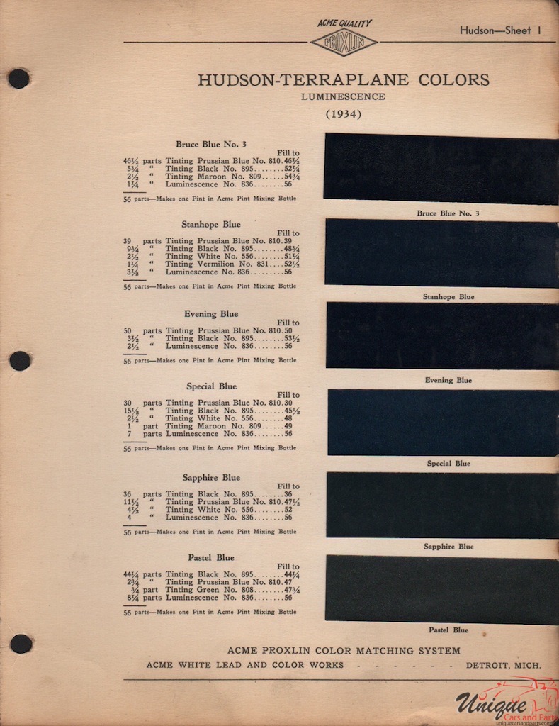 1934 Hudson Paint Charts Acme 1
